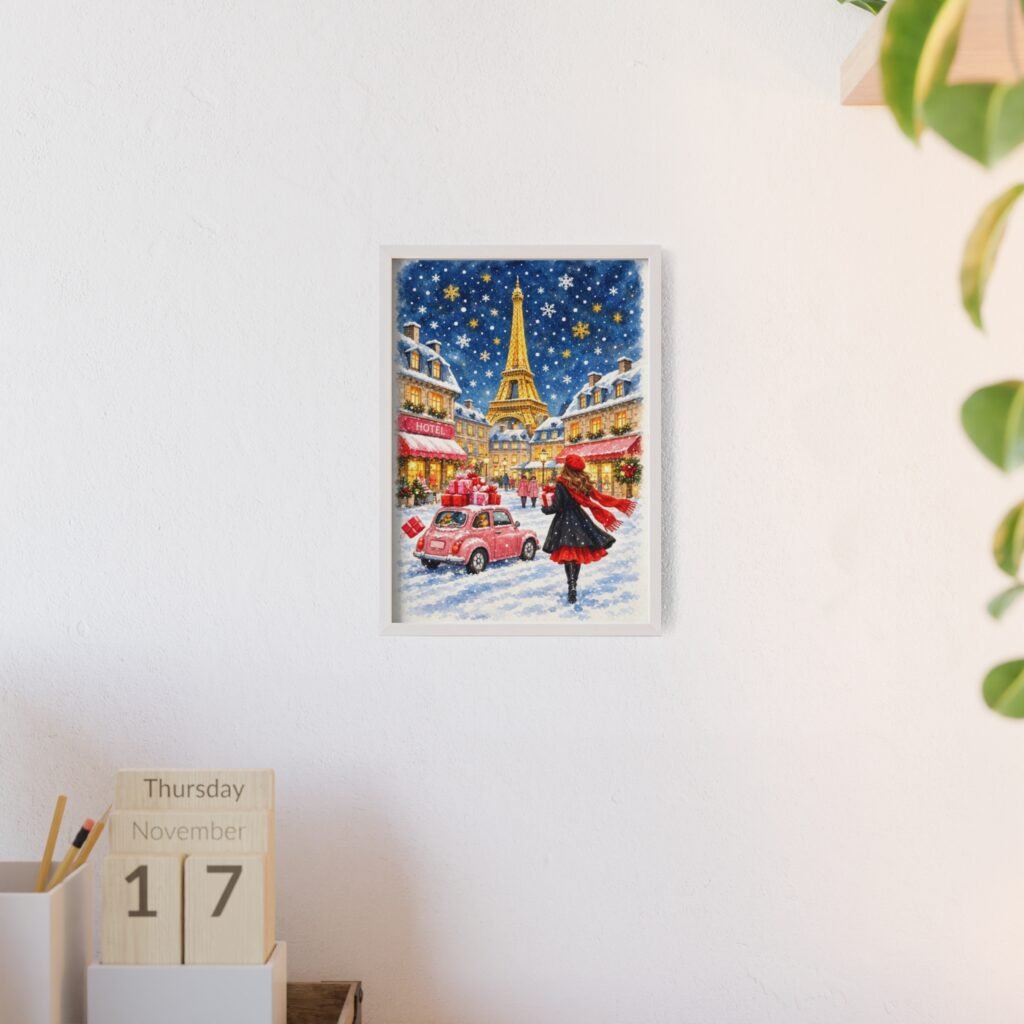 Paris Winter Holiday Poster with Wooden Frame — Eiffel Tower Christmas Street Scene