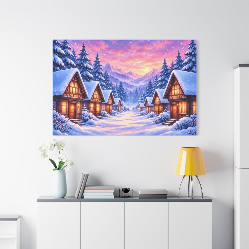 Winter Cabin Canvas – Cozy Snowy Village Matte Stretched Wall Art