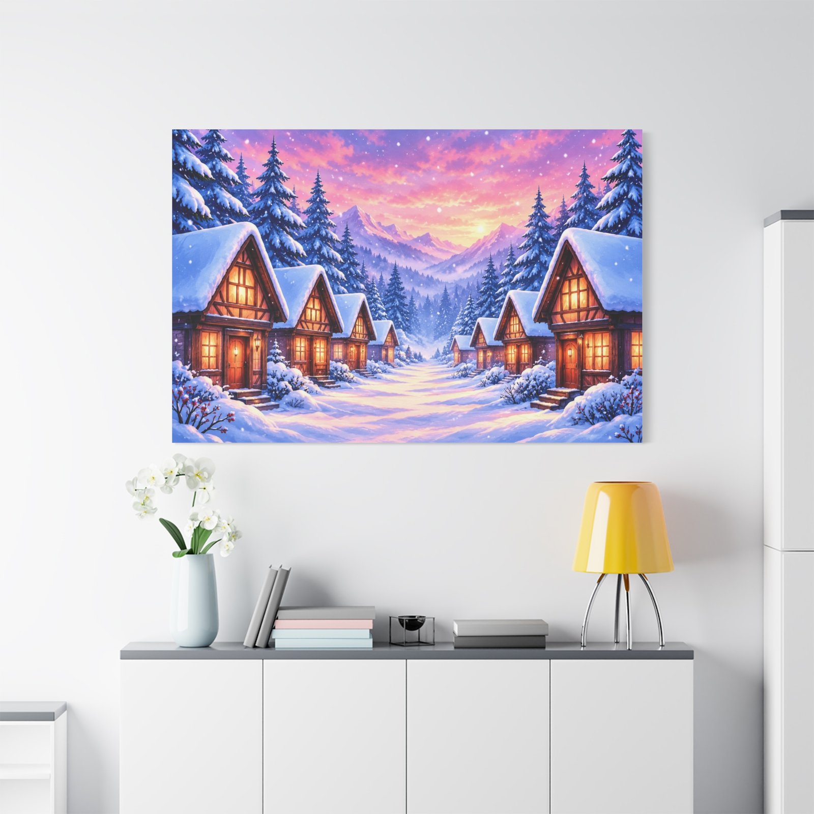 Winter Cabin Canvas – Cozy Snowy Village Matte Stretched Wall Art - Image 3