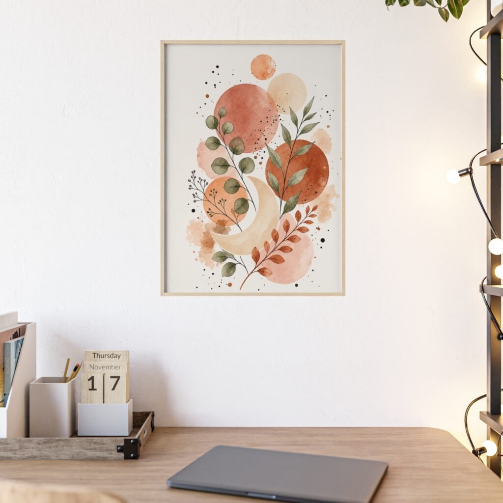 Boho Watercolor Print with Wooden Frame — Abstract Terracotta Leaves Poster