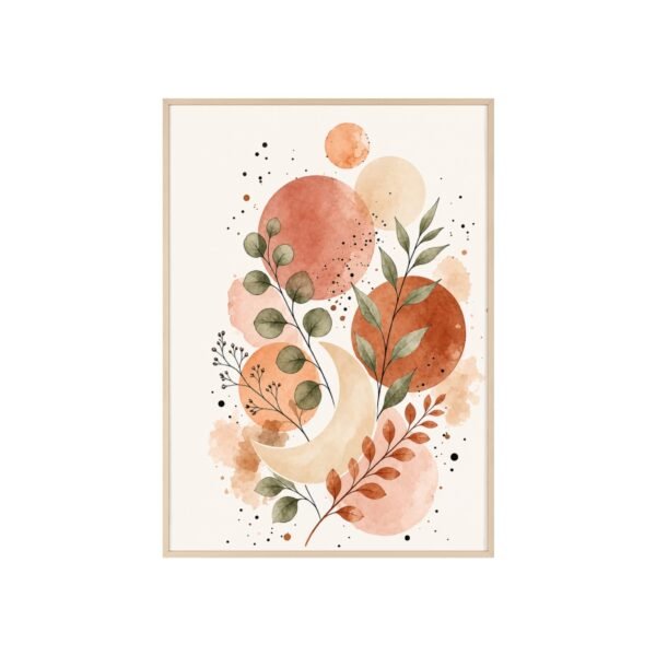 Boho Watercolor Print with Wooden Frame — Abstract Terracotta Leaves Poster - Image 1