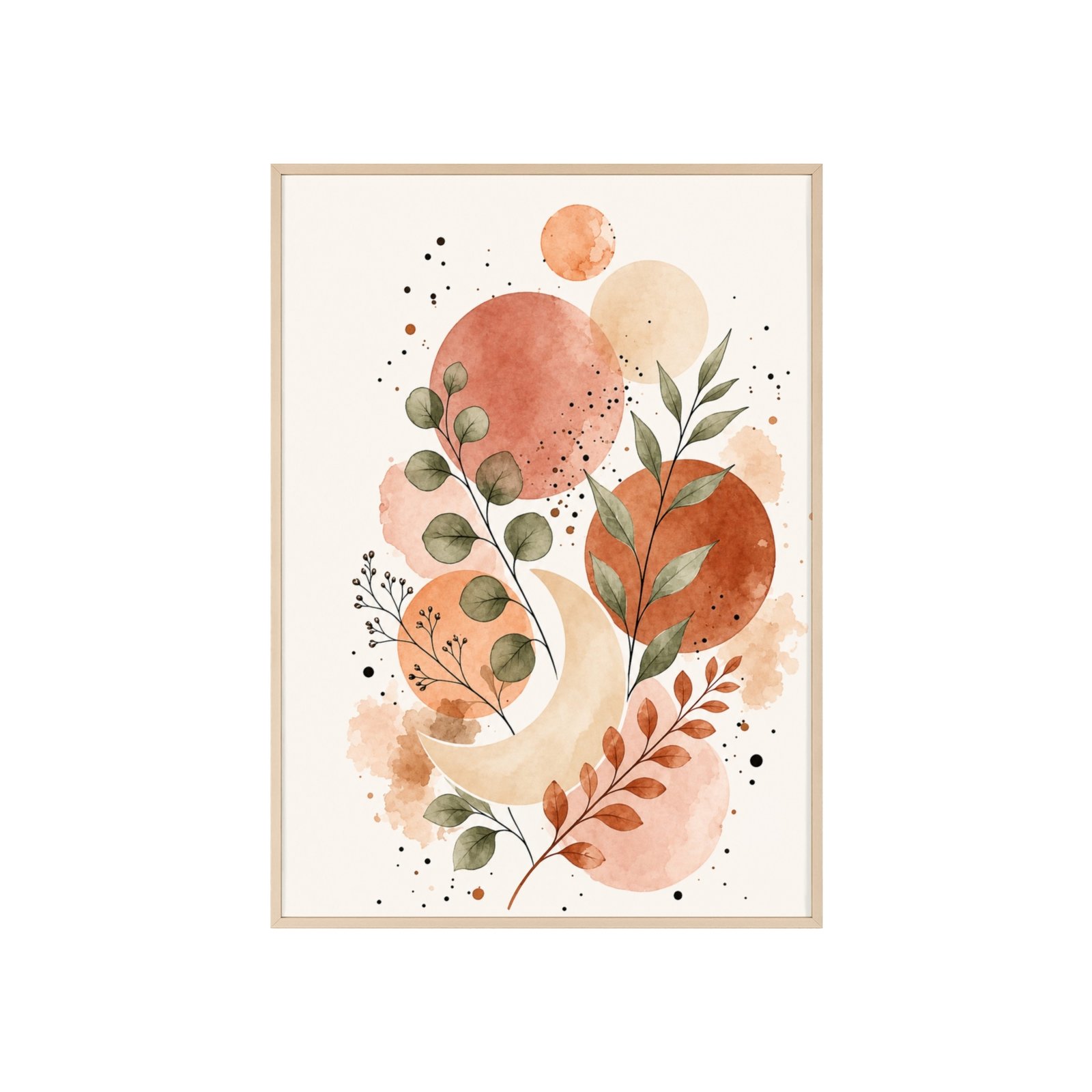 Boho Watercolor Print with Wooden Frame — Abstract Terracotta Leaves Poster - Image 1