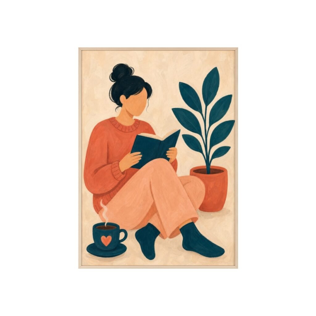 Cozy Reading Poster with Wooden Frame — Woman Reading Illustration Wall Art