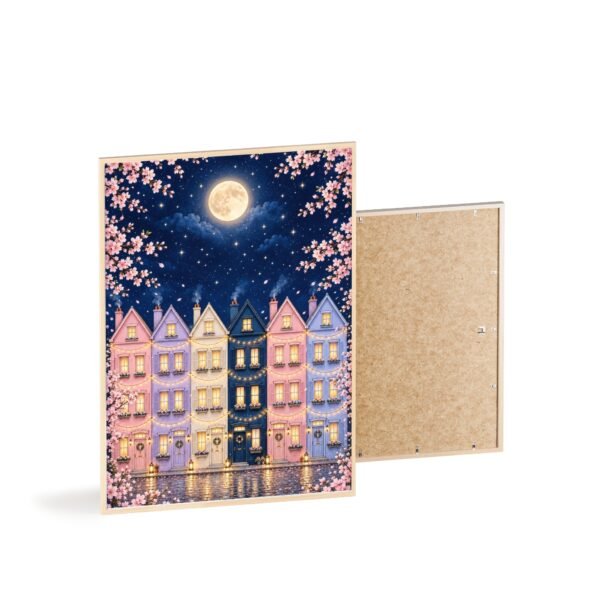Moonlit Row Houses Poster with Wooden Frame — Cherry Blossom Night Wall Art - Image 4