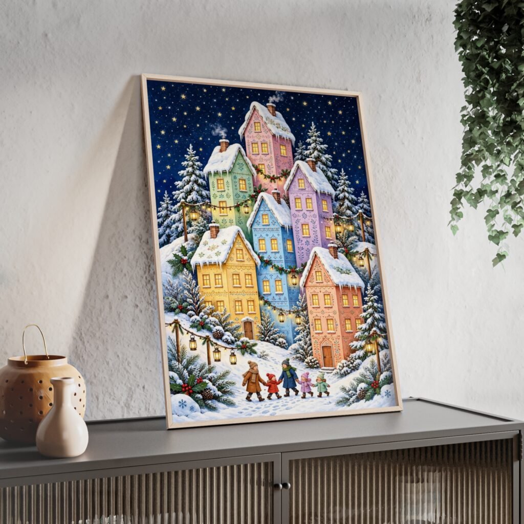 Framed Winter Village Poster — Snowy Night Holiday Wall Art