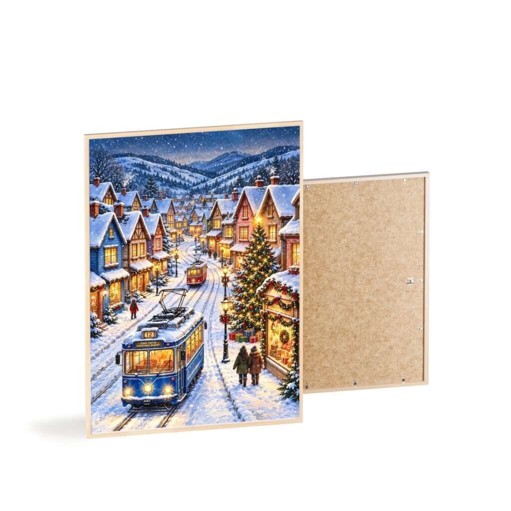 Framed Winter Village Tram Poster — Cozy Snowy Street Holiday Wall Art