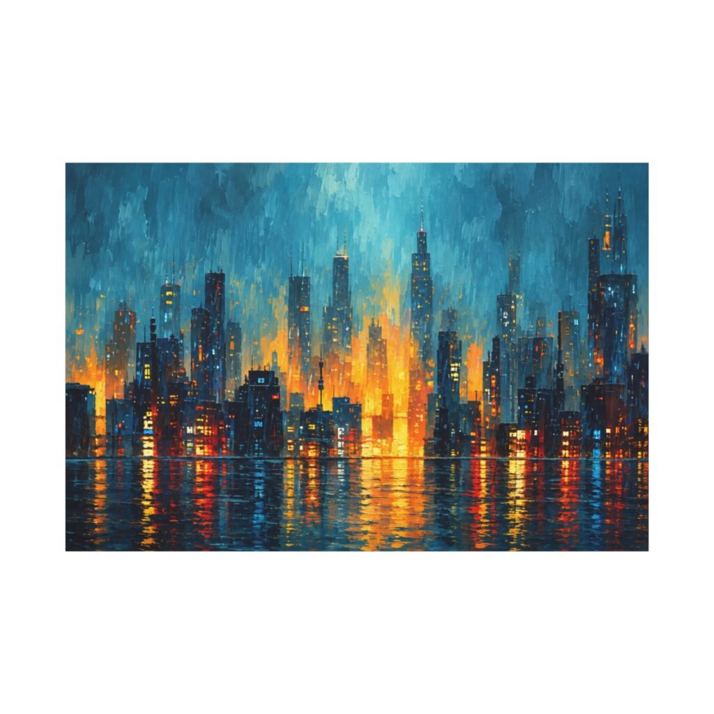 City Lights Abstract Matte Canvas Print — Blue & Amber Skyline Wall Art, Stretched 1.25"