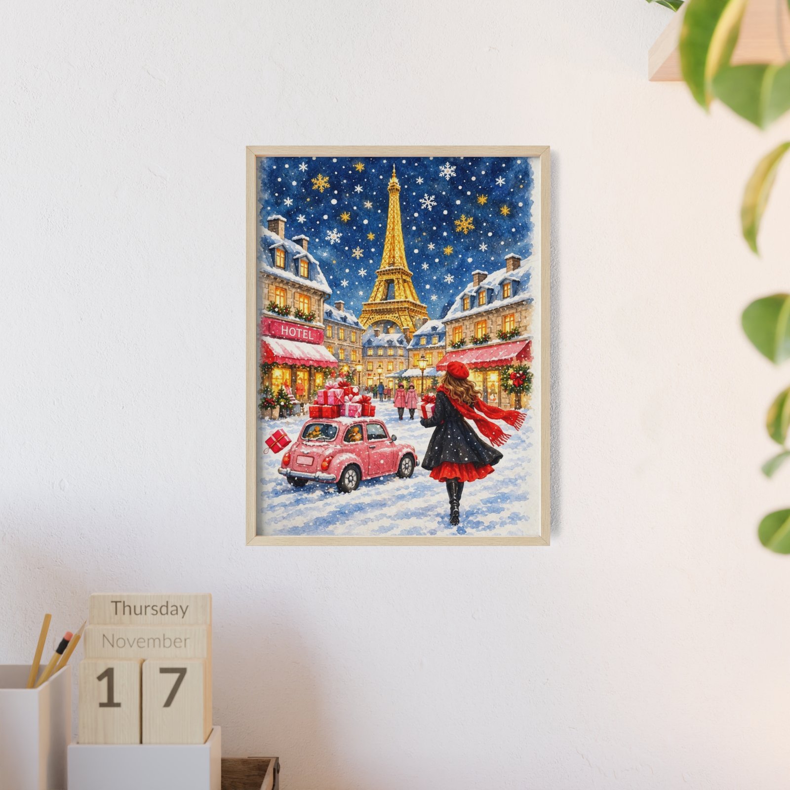 Paris Winter Holiday Poster with Wooden Frame — Eiffel Tower Christmas Street Scene - Image 12
