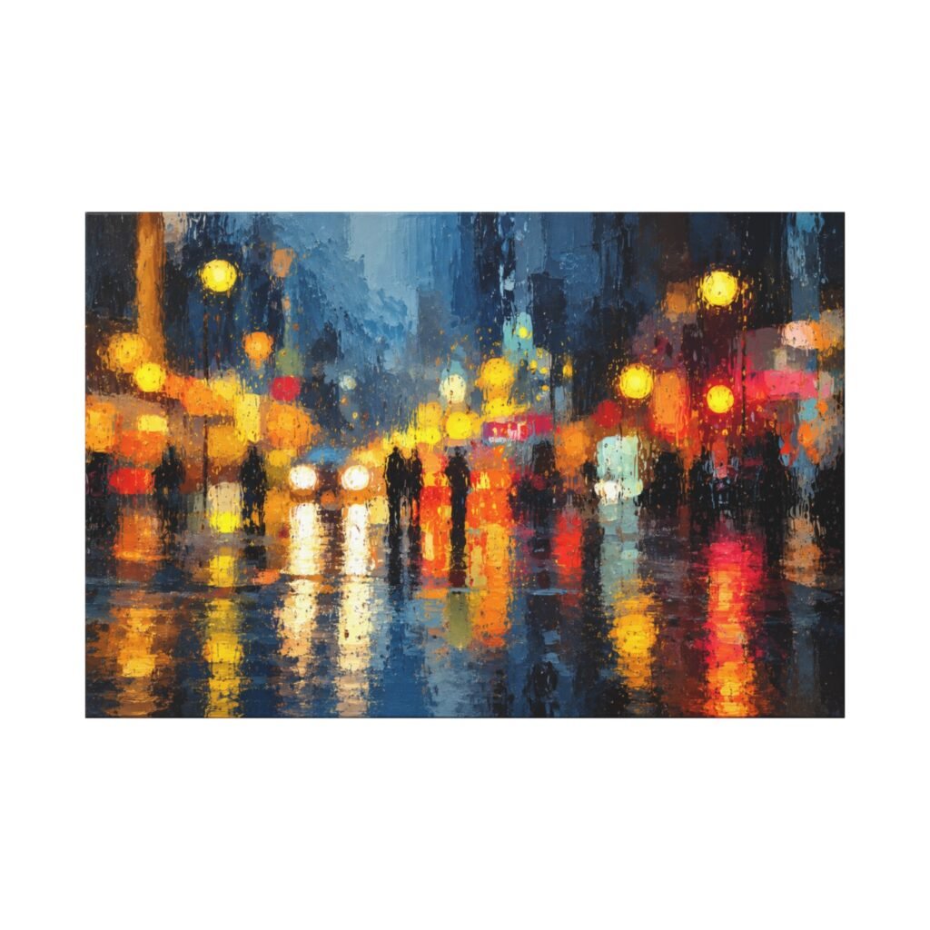 City Night Rainscape Matte Canvas Wall Art — Abstract Urban Street Lights Painting