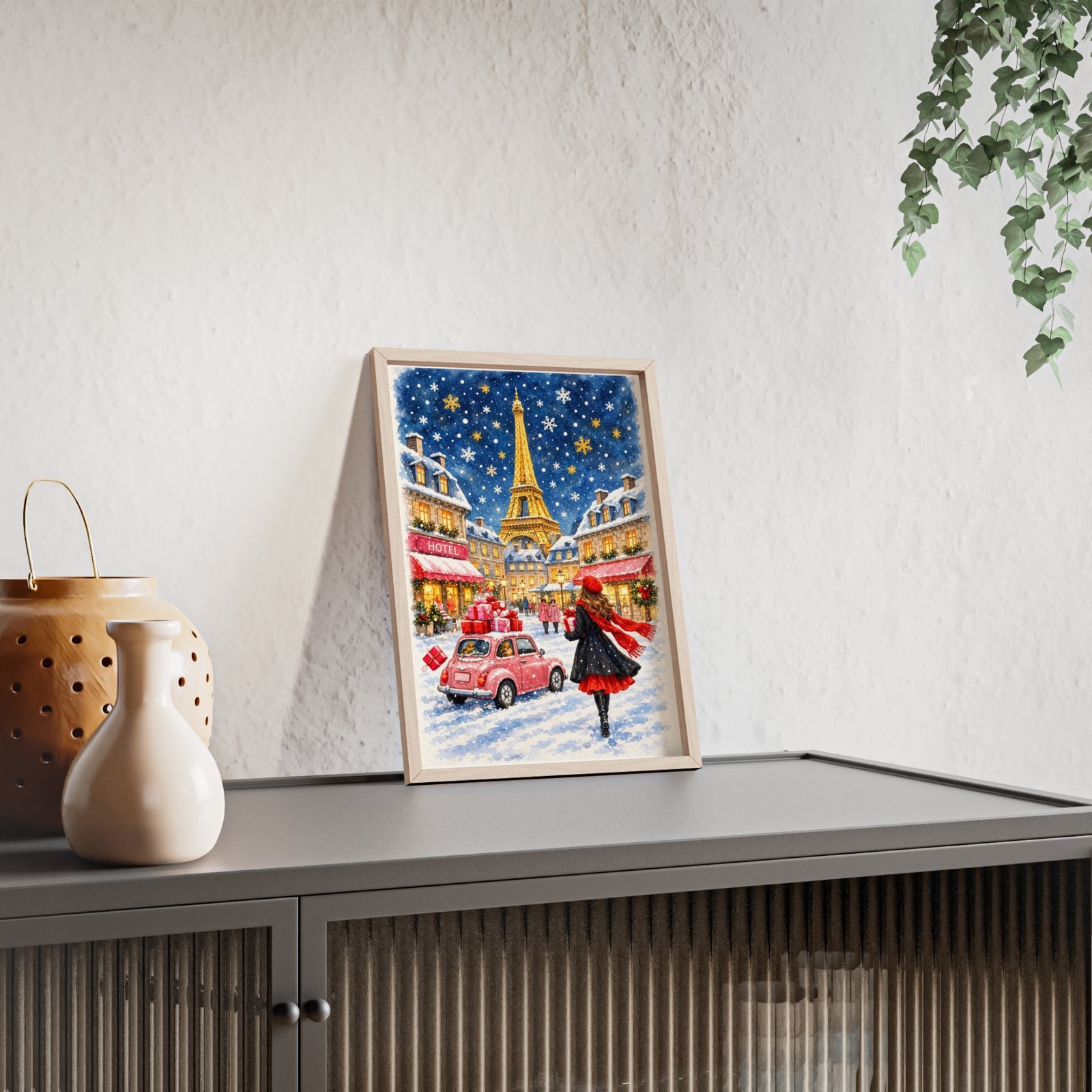 Paris Winter Holiday Poster with Wooden Frame — Eiffel Tower Christmas Street Scene - Image 107