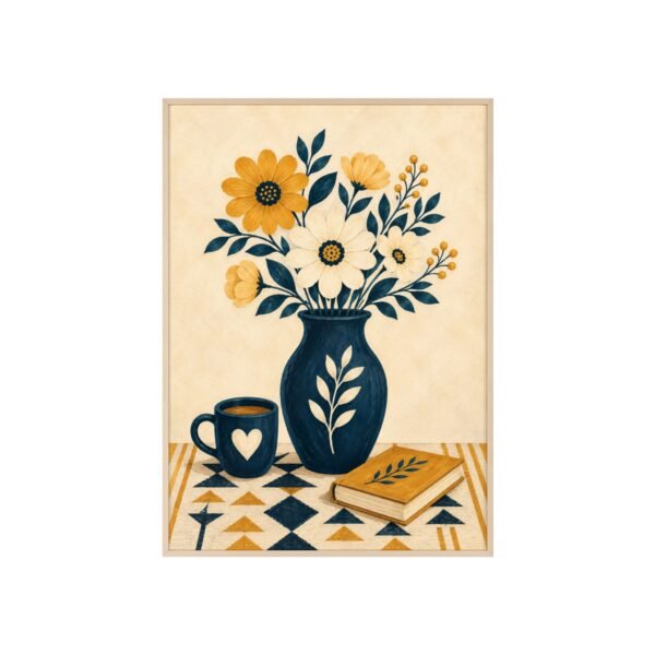 Floral Still Life Poster with Wooden Frame – Yellow & Navy Vase Print - Image 1