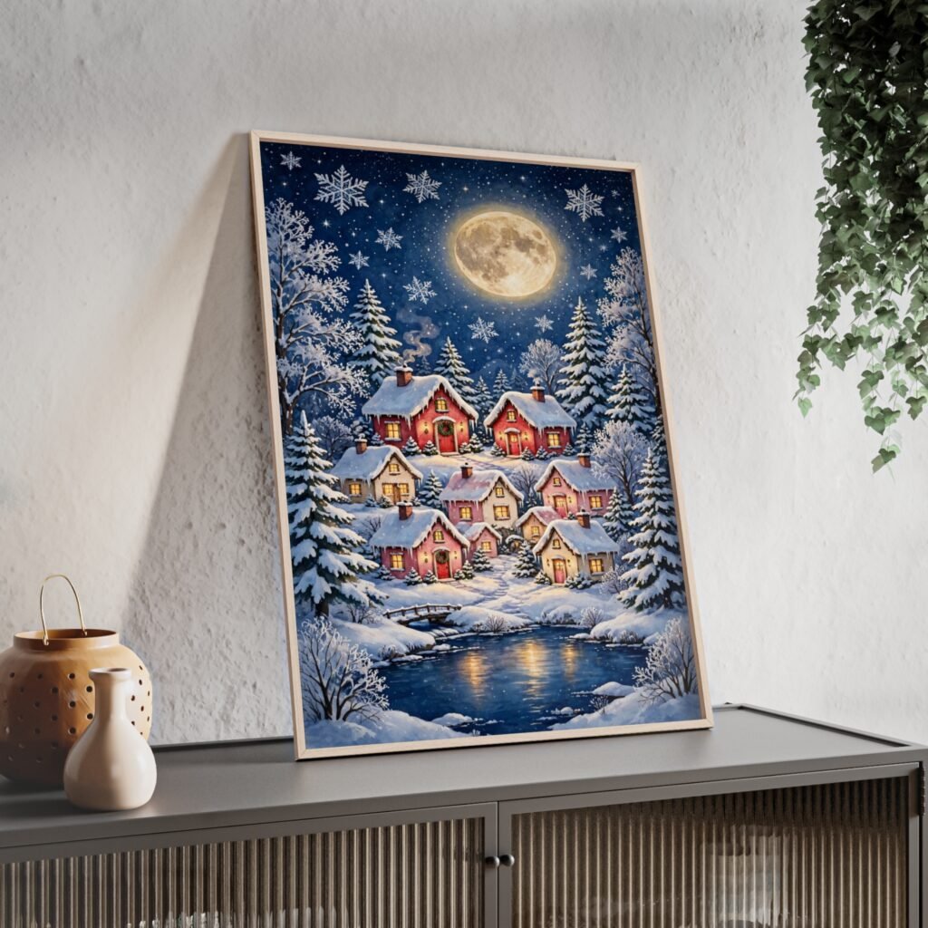Christmas Village Winter Moon Poster with Wooden Frame