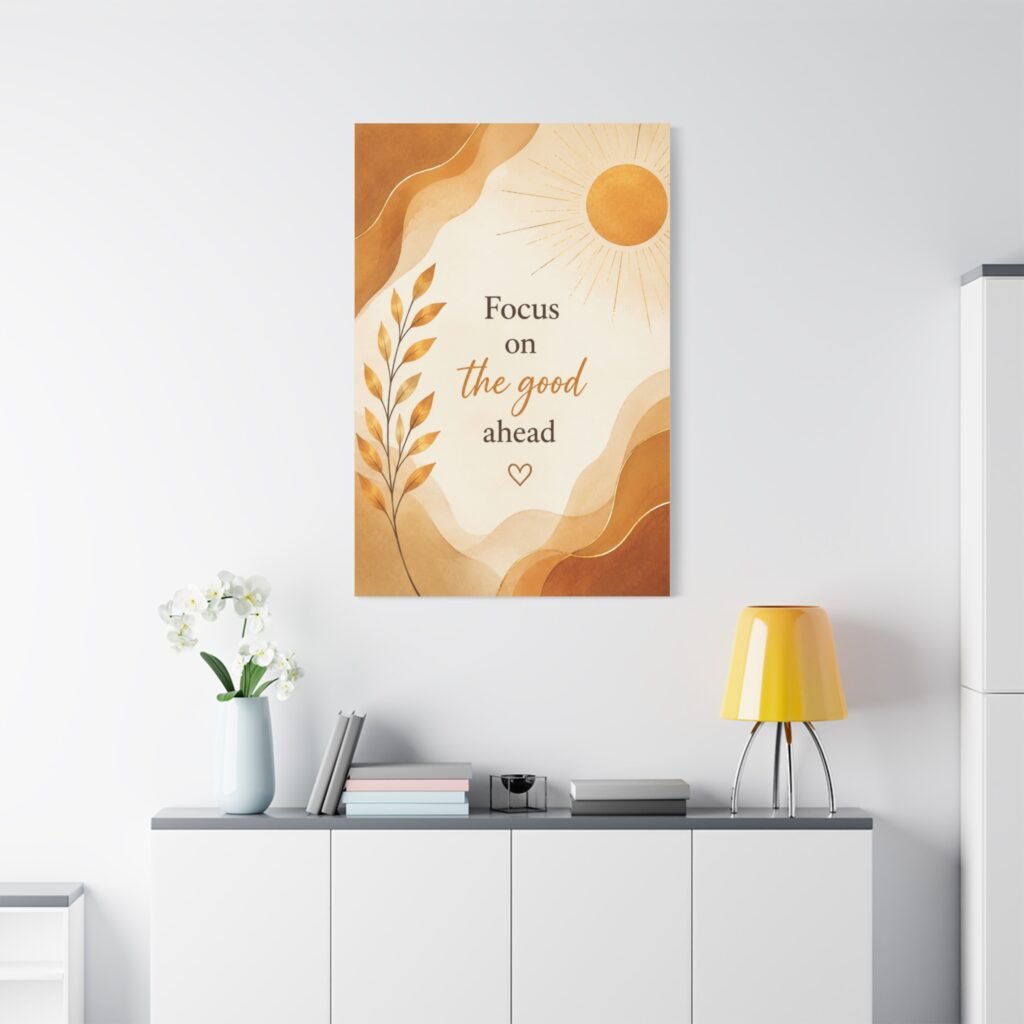 Inspirational Wall Art Canvas – "Focus on the Good Ahead" Sun & Leaf Print