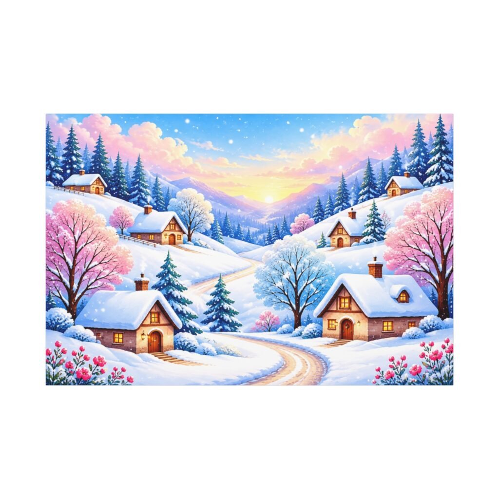Winter Cottage Canvas Wall Art — Stretched Matte Landscape Print