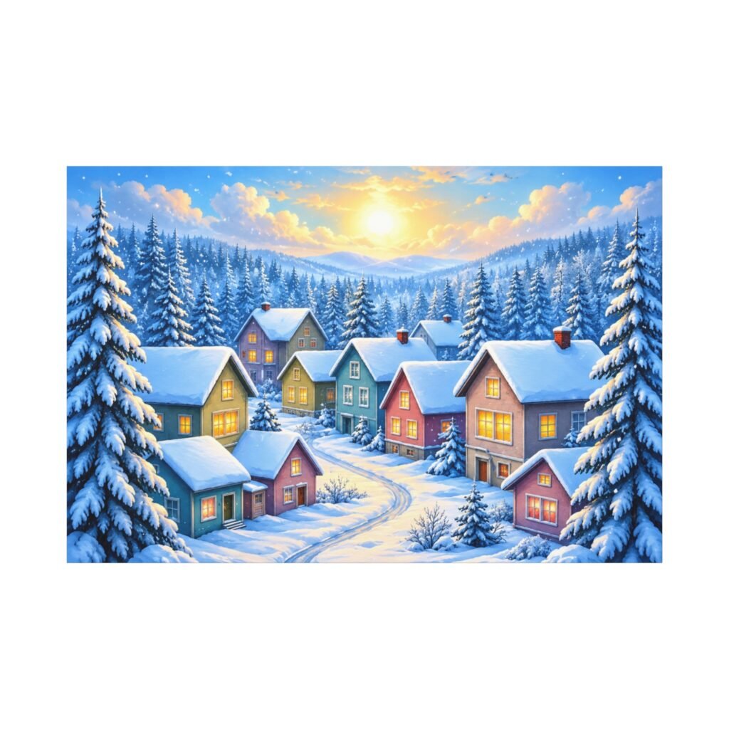 Winter Village Matte Canvas Wall Art — Snowy Cabin Holiday Landscape