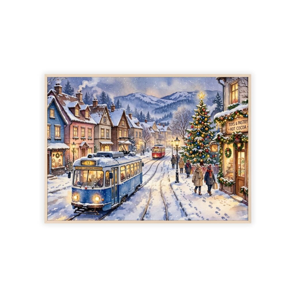 Christmas Vintage Street Poster with Wooden Frame