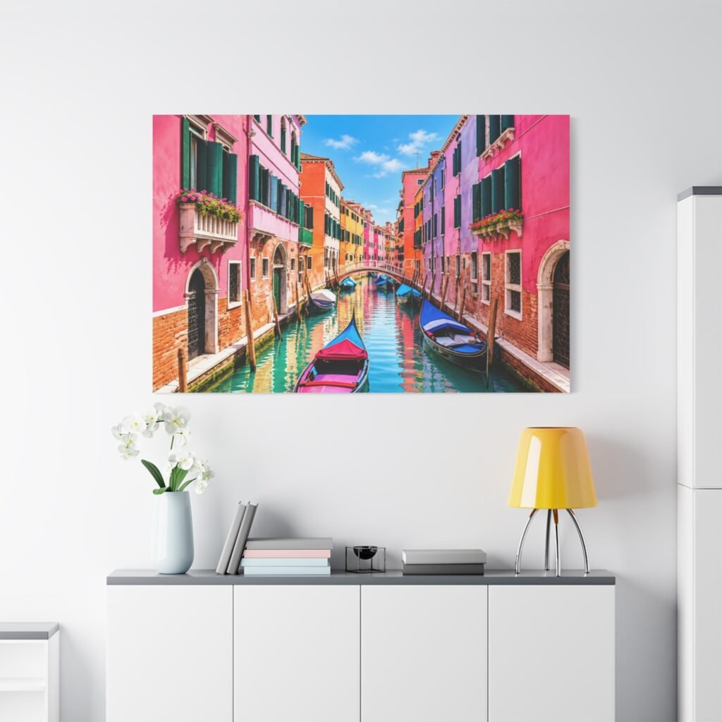 Venetian Canal Matte Canvas Wall Art — Colorful Venice Boat Print, Stretched 1.25"