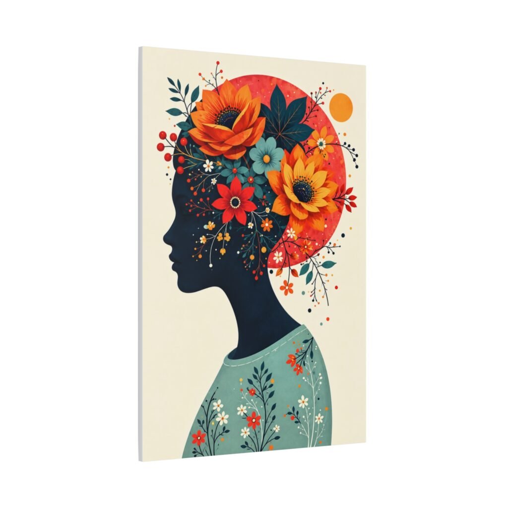 Floral Silhouette Canvas Wall Art — Woman Profile with Sunflower Crown