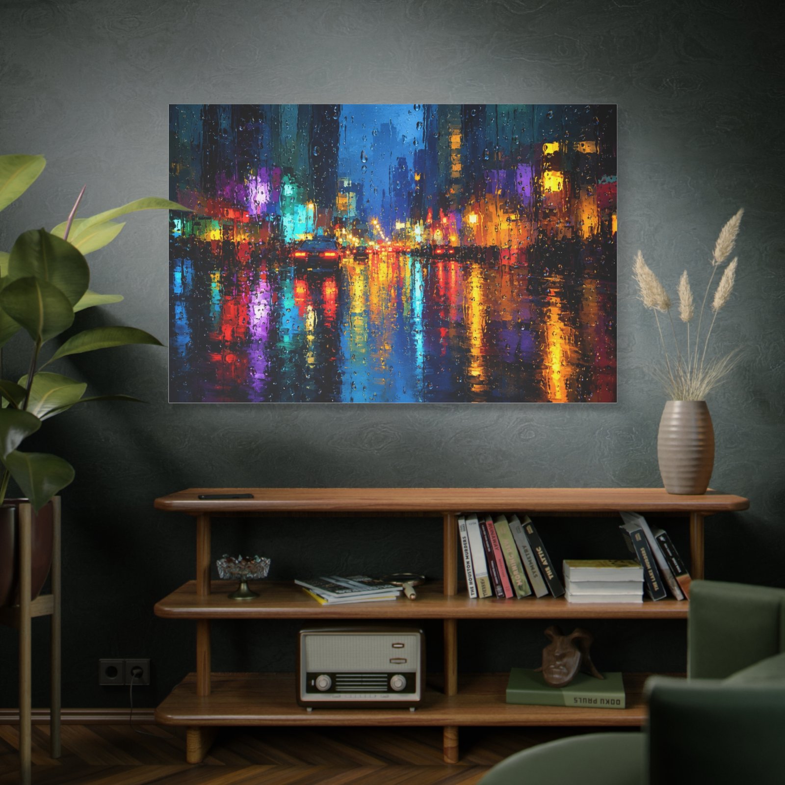 City Nightscape Matte Canvas Print - Colorful Rainy Street Reflection, Stretched 1.25" - Image 5