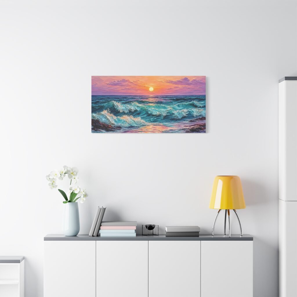 Sunset Ocean Waves Matte Canvas Print — Seaside Beach Wall Art