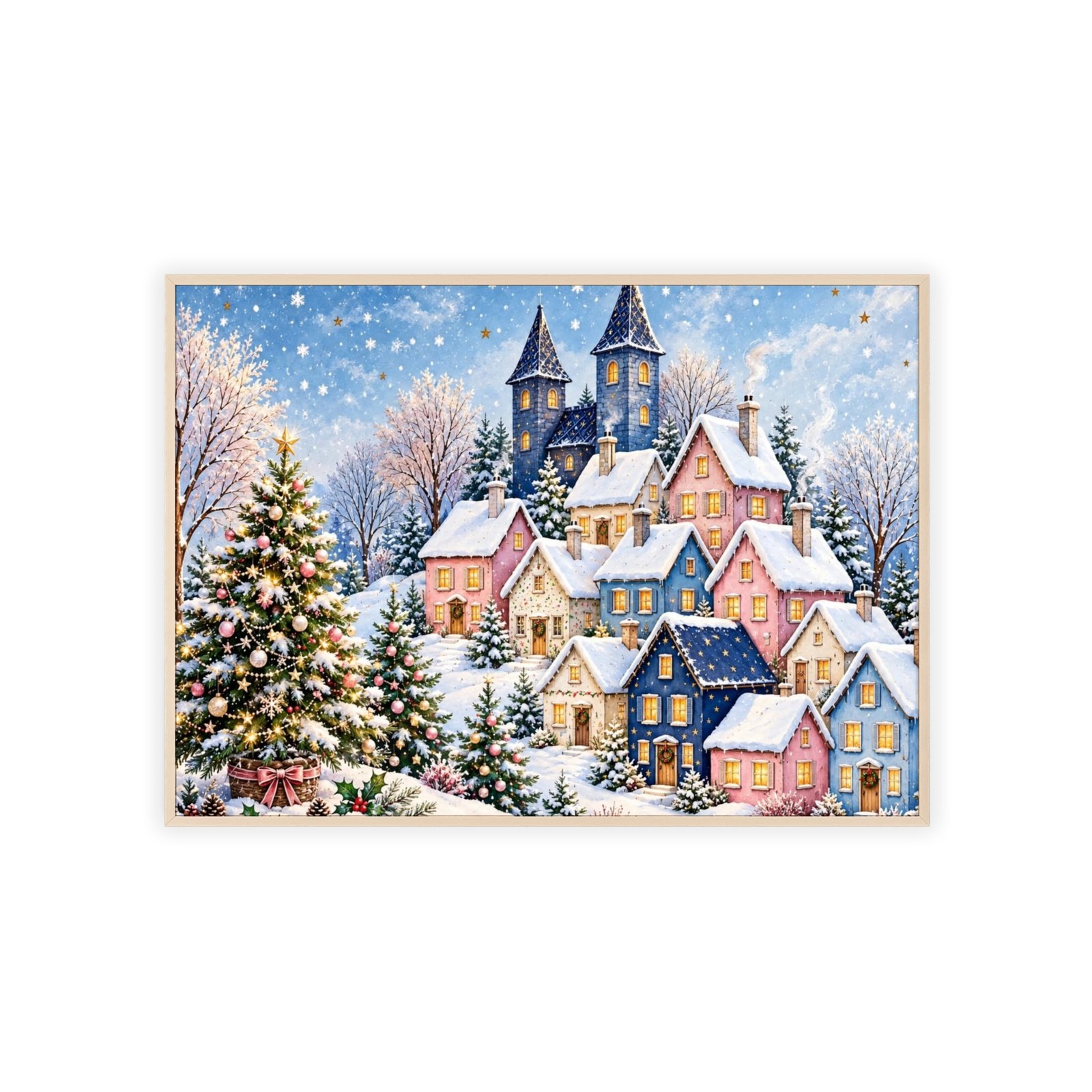 Framed Winter Village Poster – Snowy Christmas Town Wall Art - Image 1