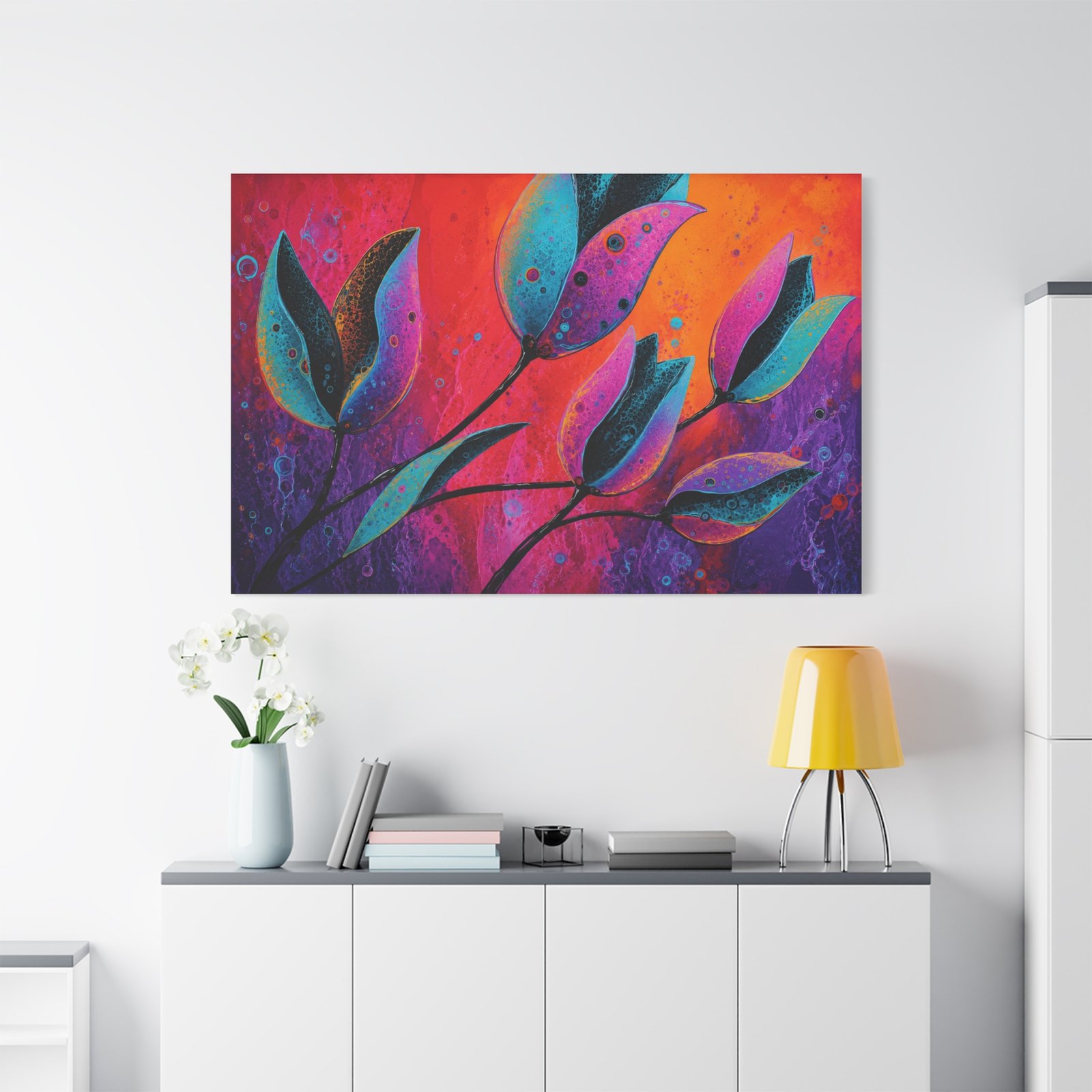 Abstract Floral Canvas Print — Vibrant Teal & Fuchsia Leaves on Sunset Background - Image 1