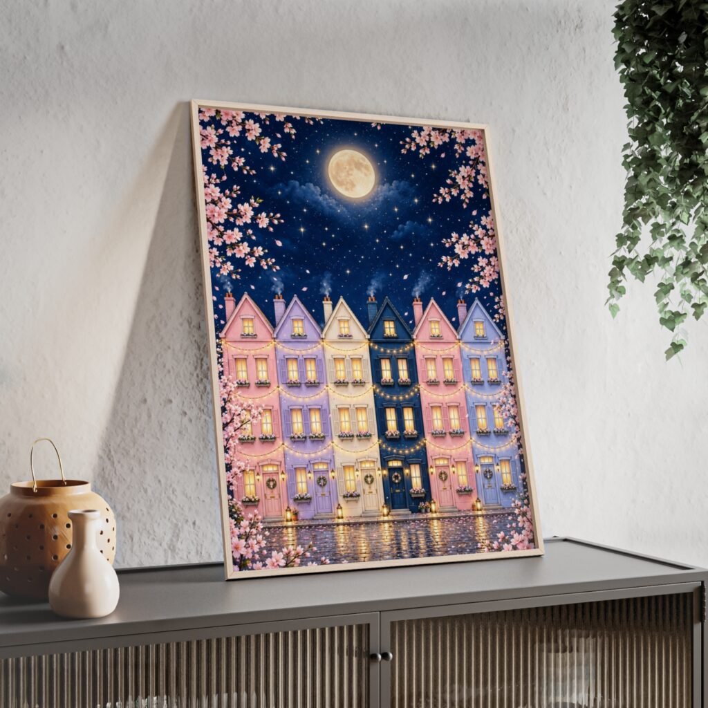 Moonlit Row Houses Poster with Wooden Frame — Cherry Blossom Night Wall Art
