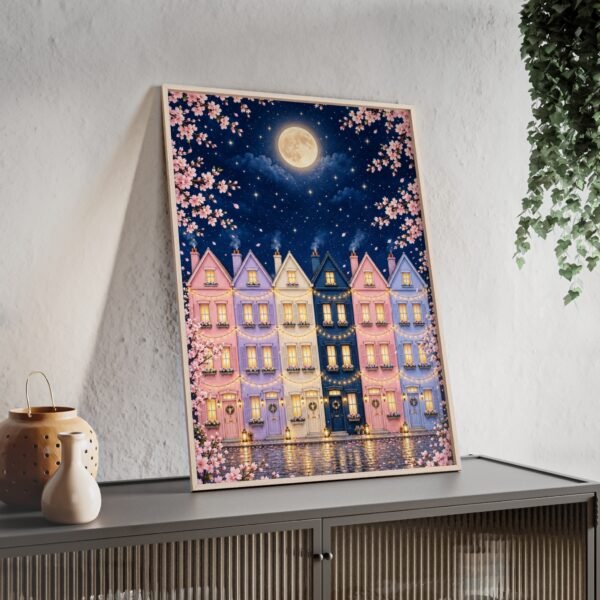 Moonlit Row Houses Poster with Wooden Frame — Cherry Blossom Night Wall Art - Image 3