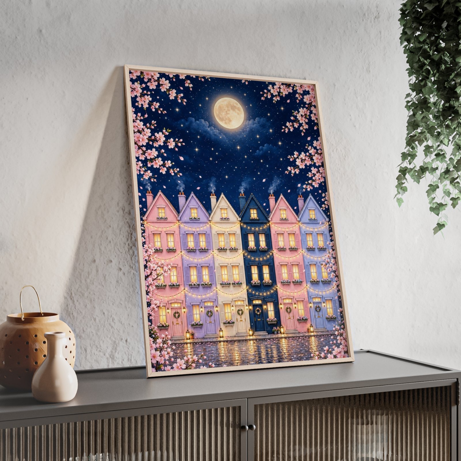 Moonlit Row Houses Poster with Wooden Frame — Cherry Blossom Night Wall Art - Image 3