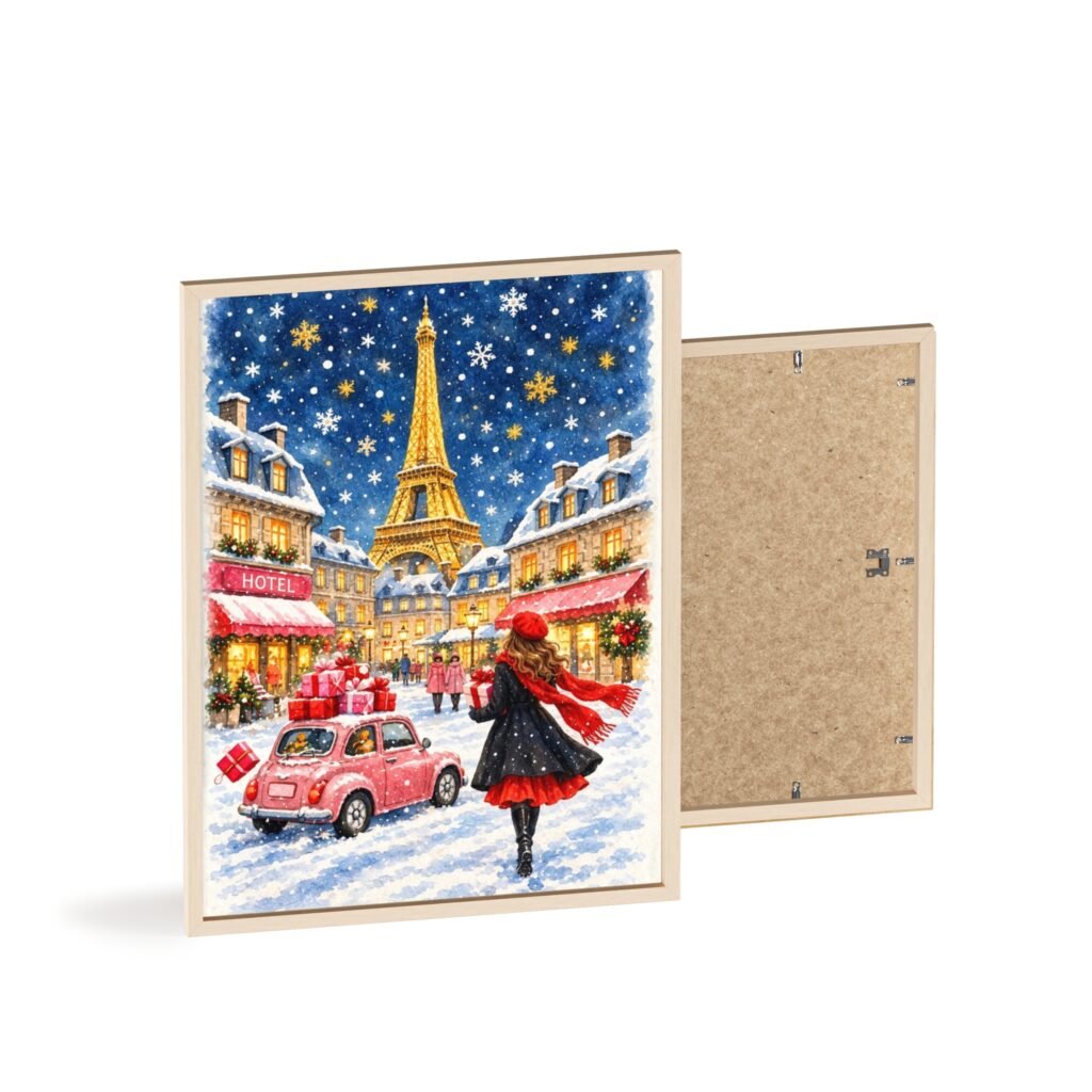 Paris Winter Holiday Poster with Wooden Frame — Eiffel Tower Christmas Street Scene