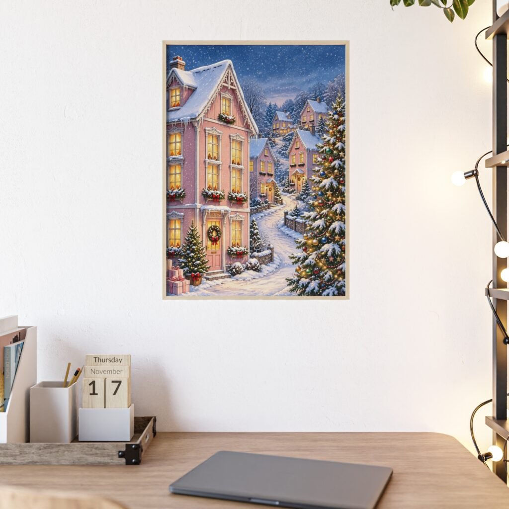 Framed Winter Village Christmas Poster – Snowy Holiday Street Wall Art