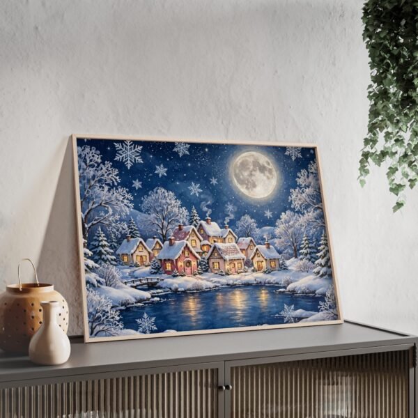 Framed Winter Village Poster — Moonlit Snowy Cottage Wall Art - Image 3