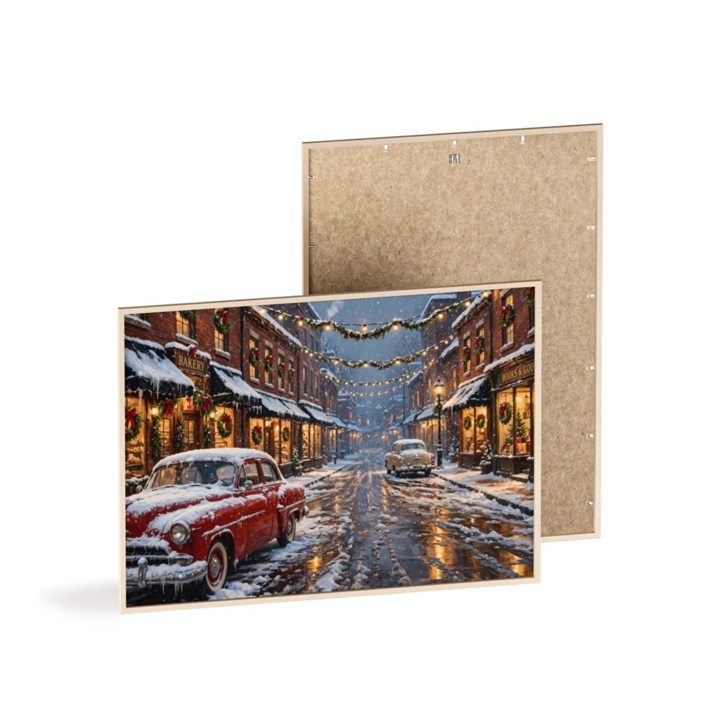 Vintage Christmas Street Poster with Wooden Frame — Snowy Holiday Wall Art