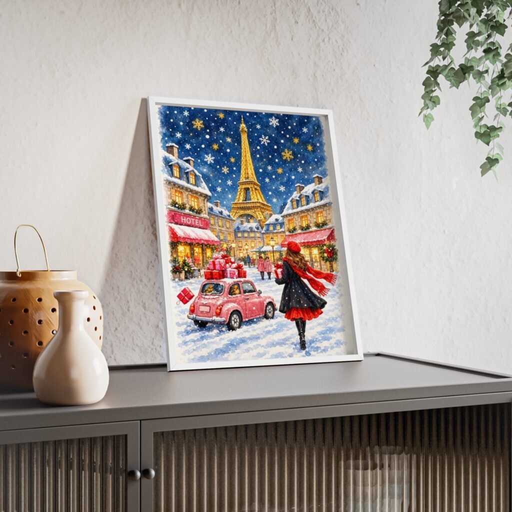 Paris Winter Holiday Poster with Wooden Frame — Eiffel Tower Christmas Street Scene
