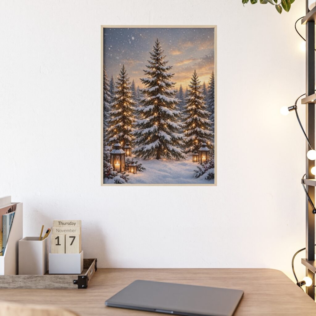 Winter Lantern Forest Poster with Wooden Frame — Snowy Pine Holiday Wall Art