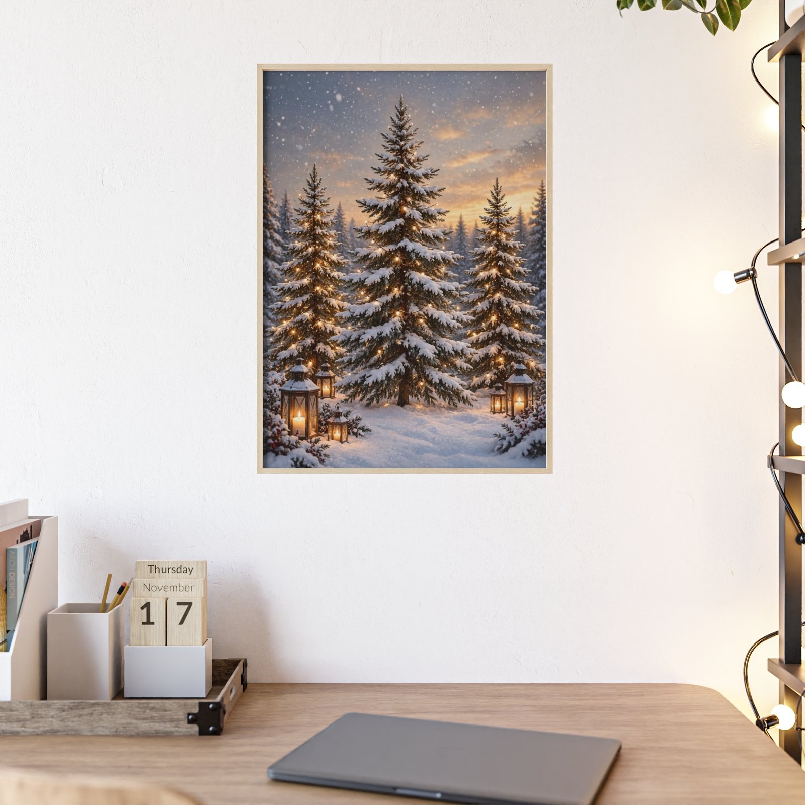 Winter Lantern Forest Poster with Wooden Frame — Snowy Pine Holiday Wall Art - Image 2