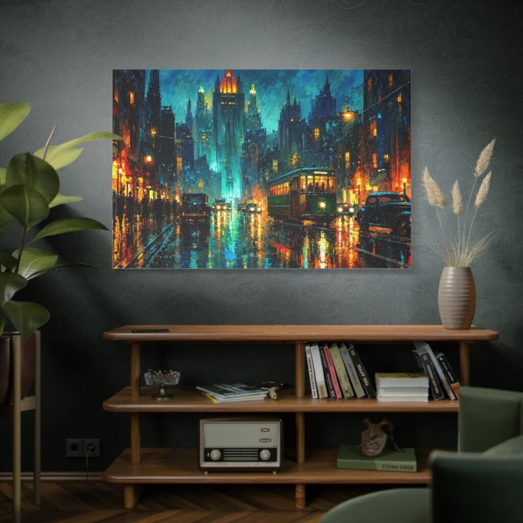 City Nightscape Matte Canvas Print — Rainy Neon Streetscape Wall Art