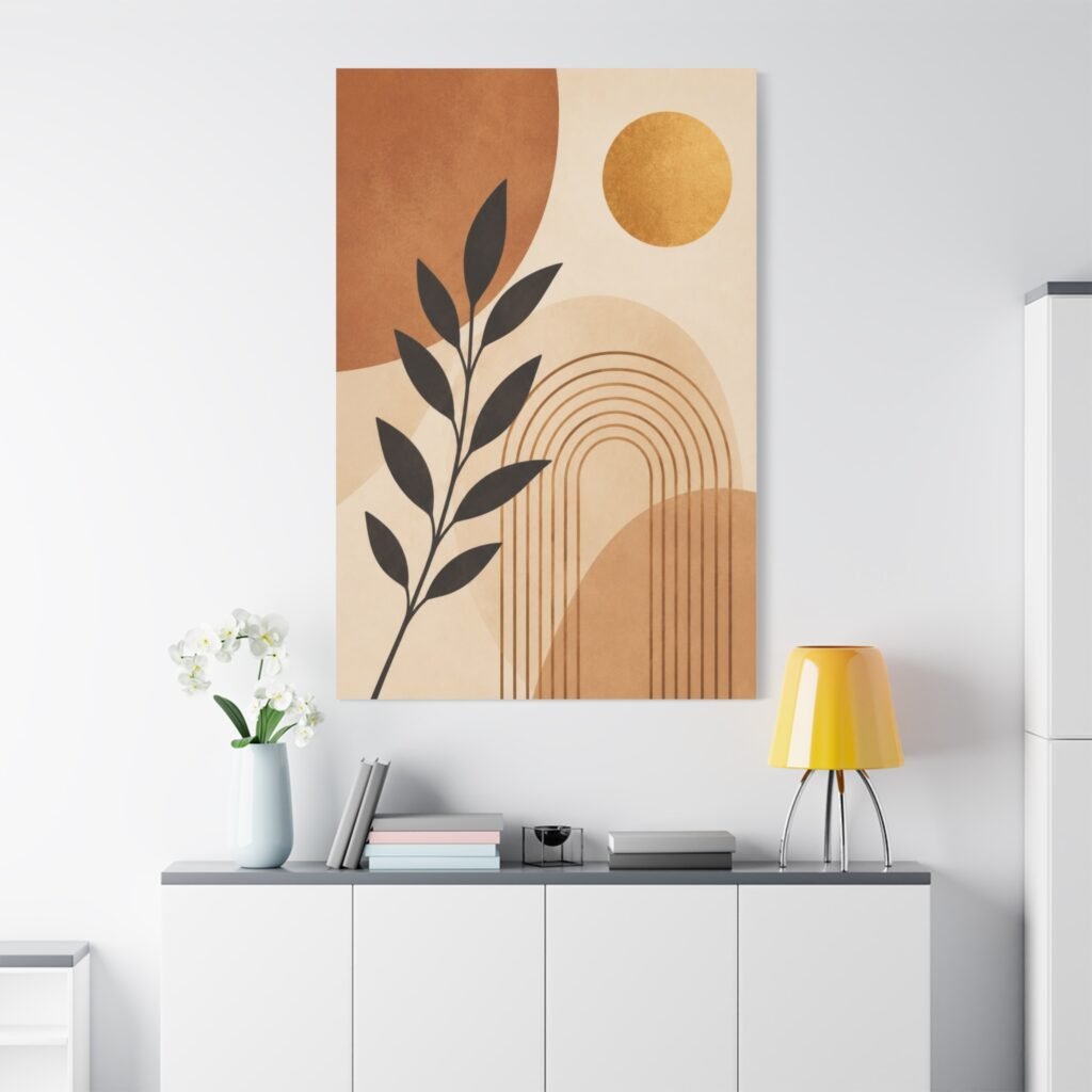 Abstract Boho Leaf Canvas Wall Art — Neutral Earth Tone Sun & Rainbow