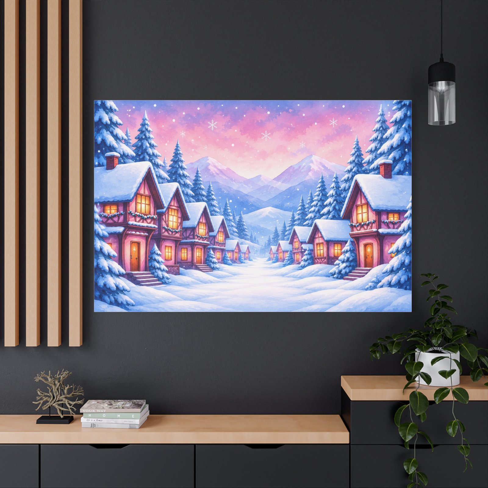 Winter Village Canvas Wall Art — Cozy Snowy Cabin Landscape Matte Stretched Print - Image 4