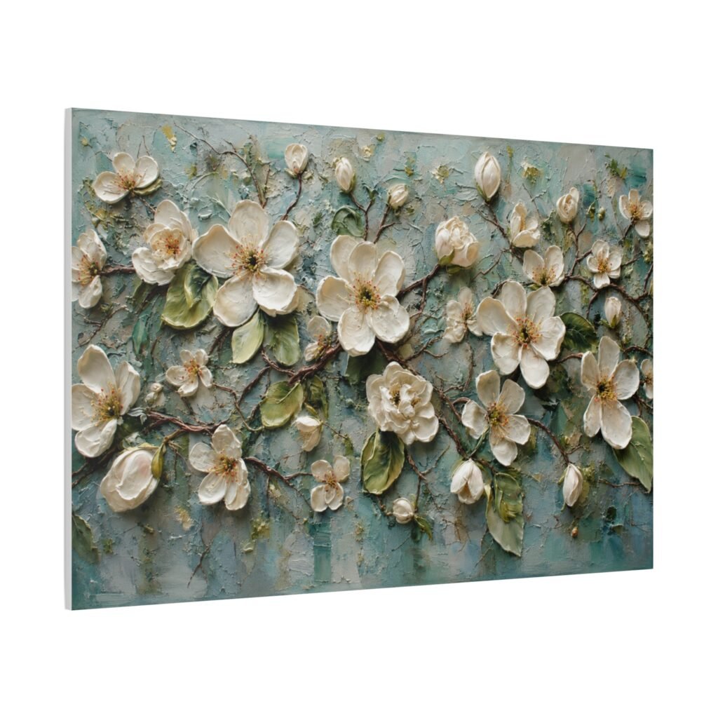 Floral Relief Canvas Wall Art — Cream Blossoms on Teal Matte Stretched Canvas