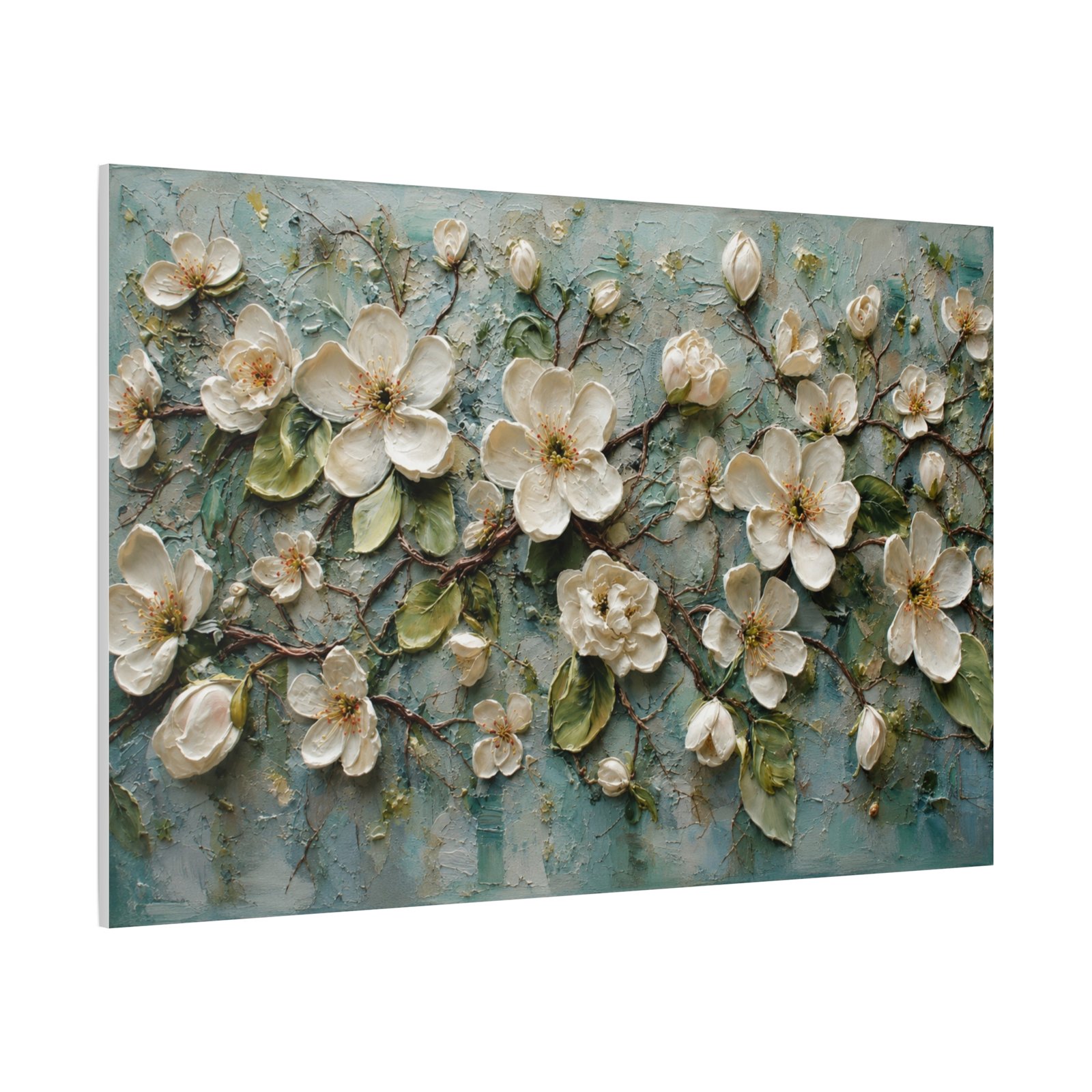 Floral Relief Canvas Wall Art — Cream Blossoms on Teal Matte Stretched Canvas - Image 3