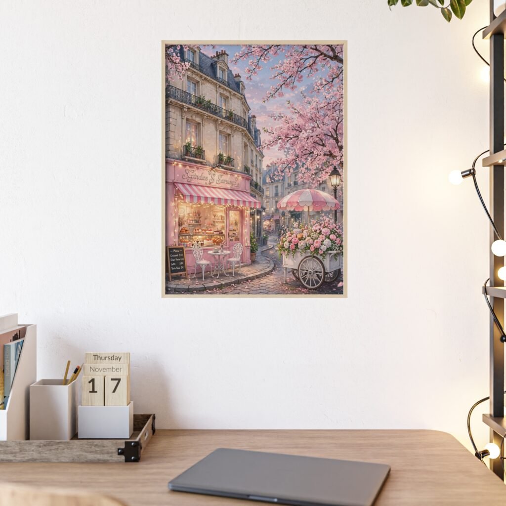 Parisian Café Blossom Poster with Wooden Frame — Romantic Street Scene Wall Art
