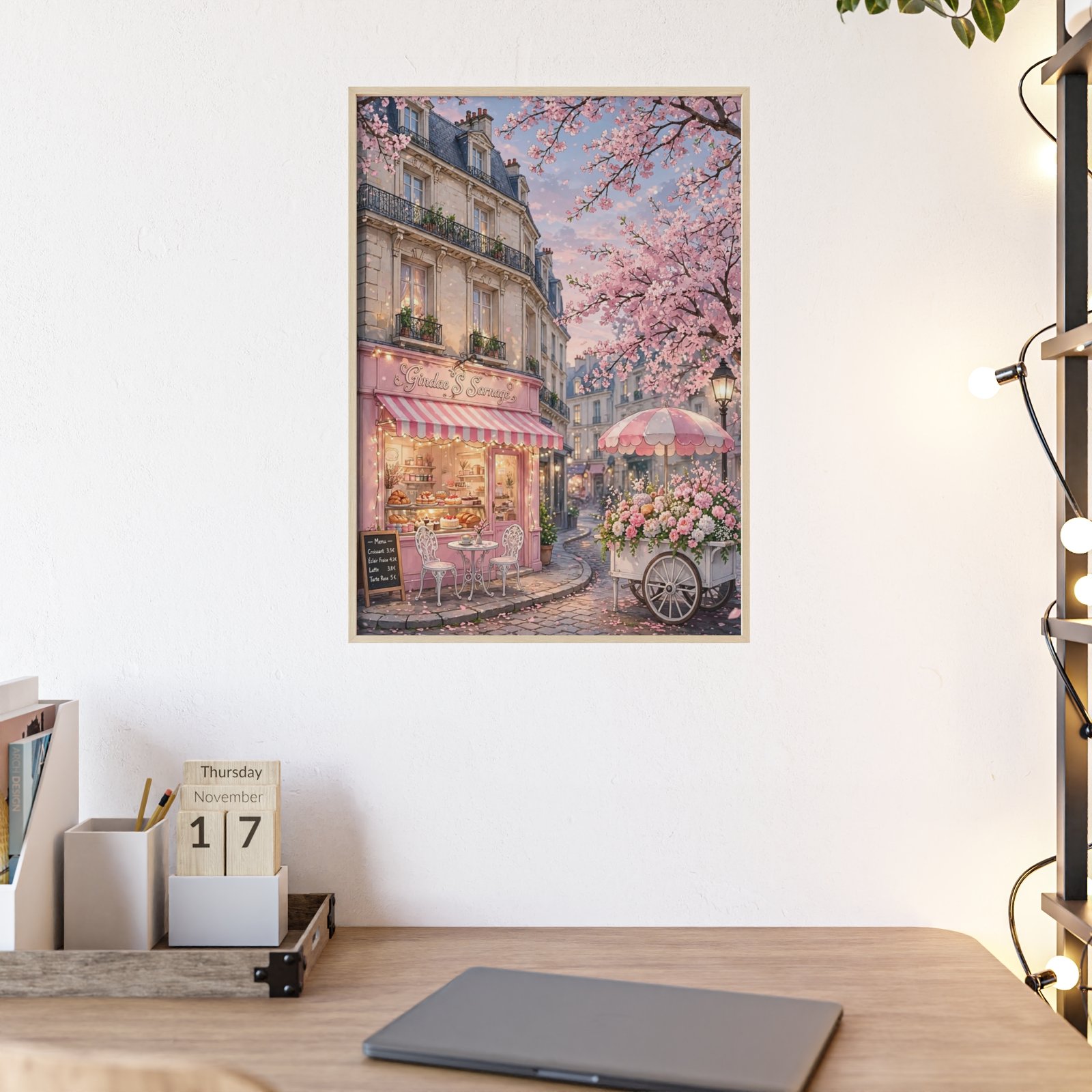Parisian Café Blossom Poster with Wooden Frame — Romantic Street Scene Wall Art - Image 2