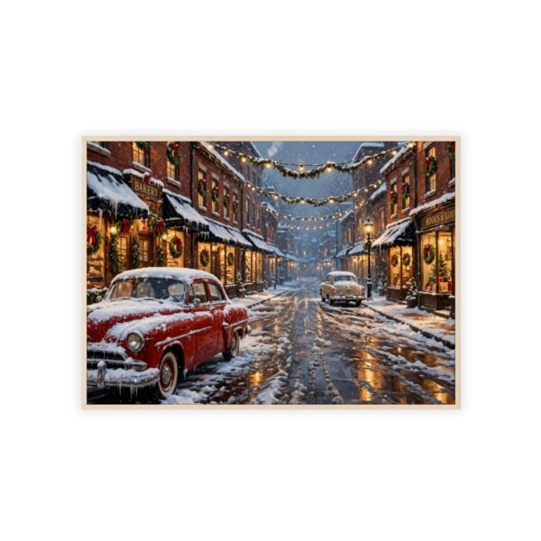 Vintage Christmas Street Poster with Wooden Frame — Snowy Holiday Wall Art - Image 1