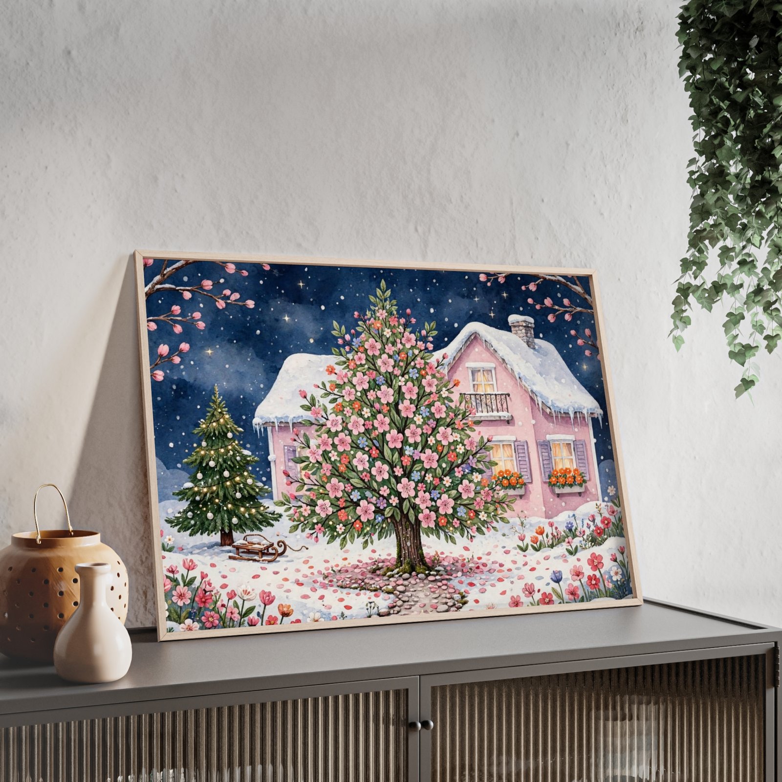 Winter Cottage Floral Poster with Wooden Frame - Image 3