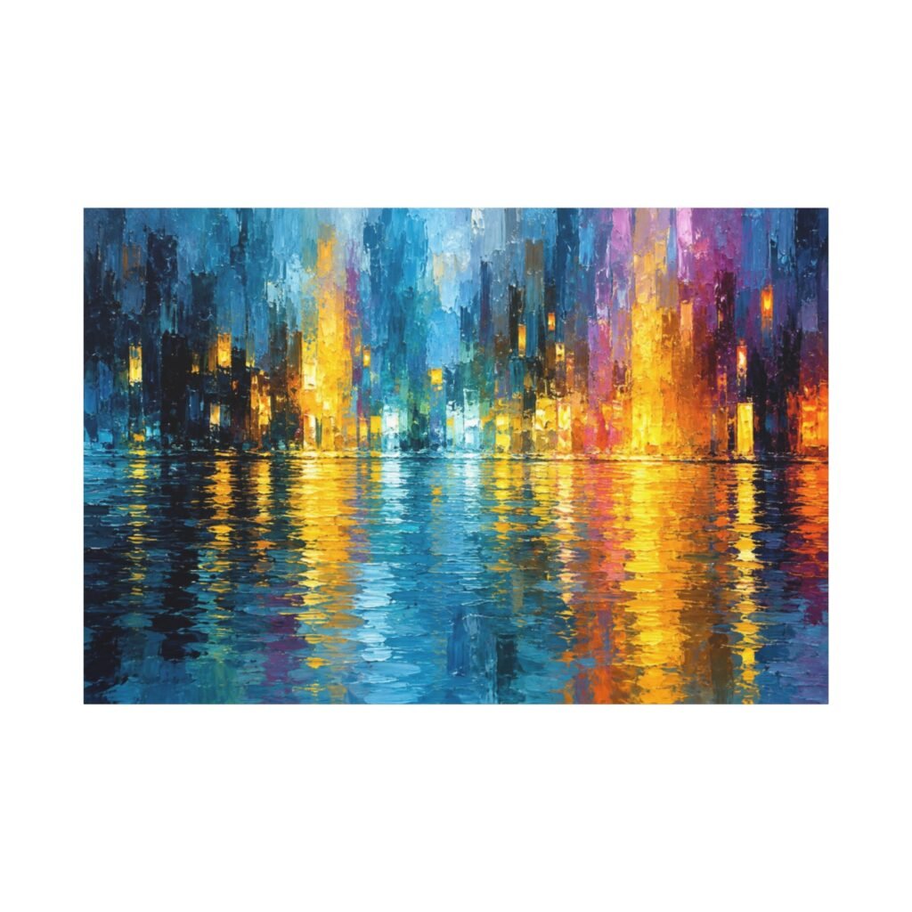 Abstract City Nightscape Canvas Print — Colorful Reflections Matte Stretched Wall Art