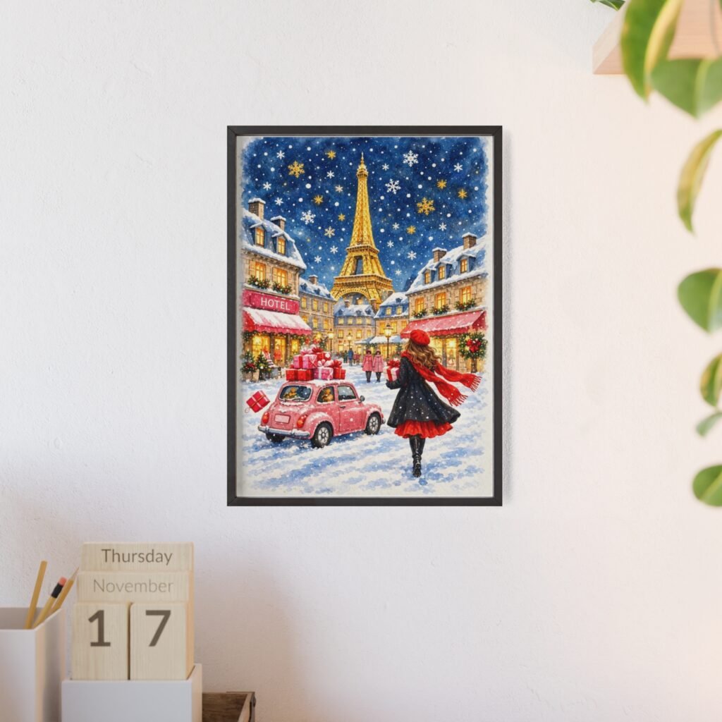 Paris Winter Holiday Poster with Wooden Frame — Eiffel Tower Christmas Street Scene