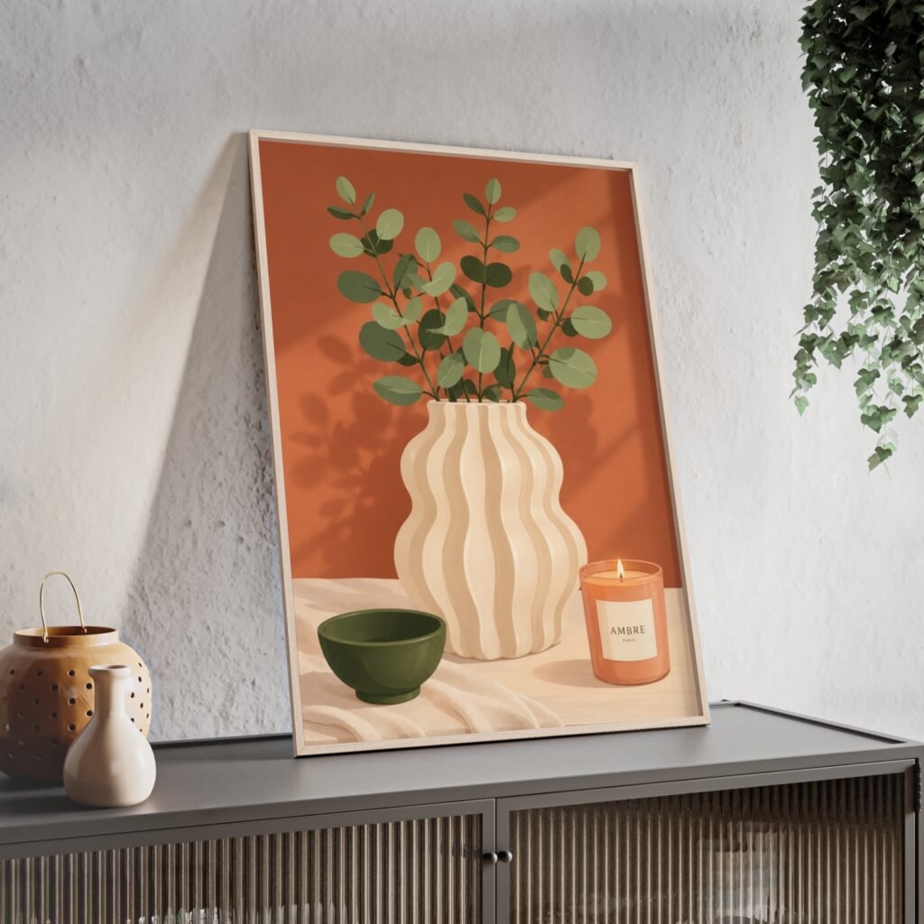 Framed Botanical Still Life Poster — Eucalyptus Vase & Candle Wall Art