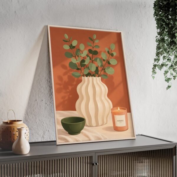 Framed Botanical Still Life Poster — Eucalyptus Vase & Candle Wall Art - Image 3