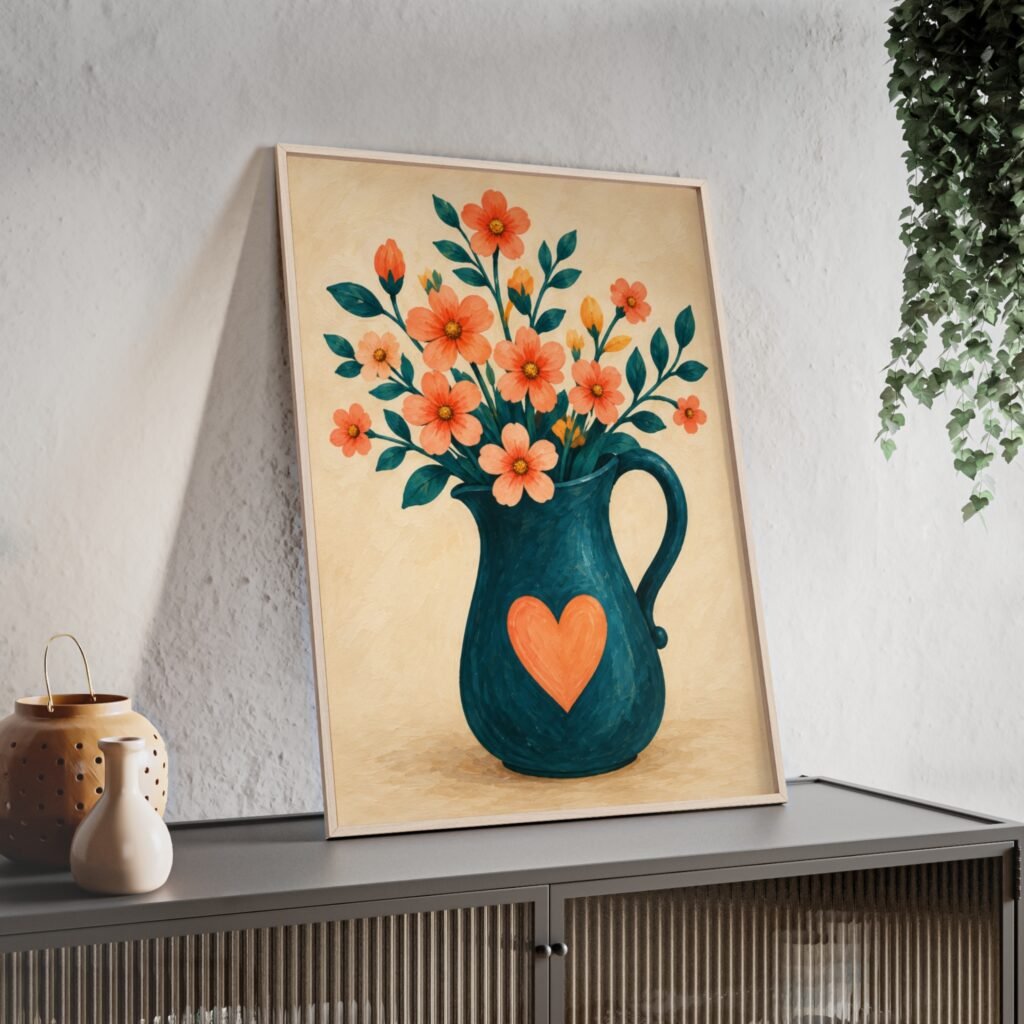 Framed Floral Poster — Heart Pitcher Bouquet Wall Art